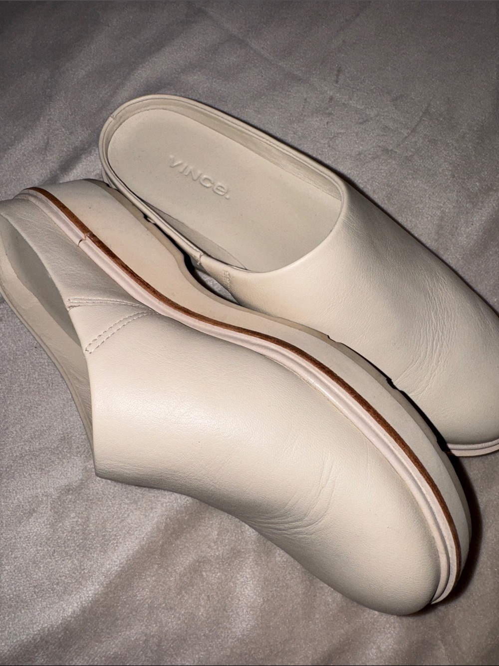 Vince Cream Leather Slip-On Clogs with Wood-Tone Trim